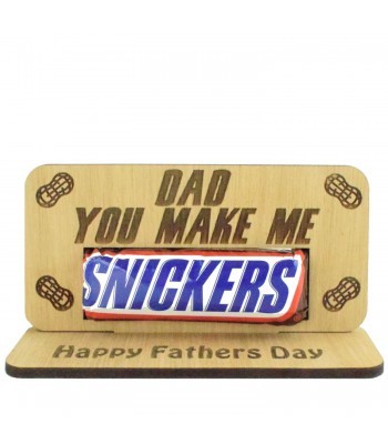 Laser Cut Oak Veneer 'Dad You Make Me Snickers' Chocolate Bar Holder On Stand